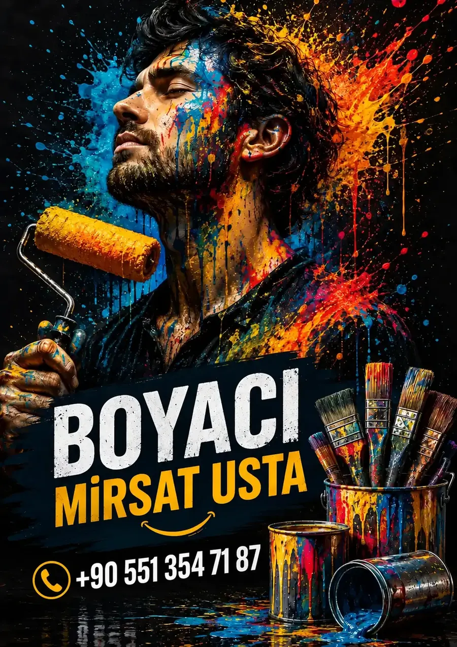 Boyacı Mirsat Usta — renkli boya sıçramaları ve profesyonel rulo ile yaratıcı, kaliteli boyacılık hizmeti
