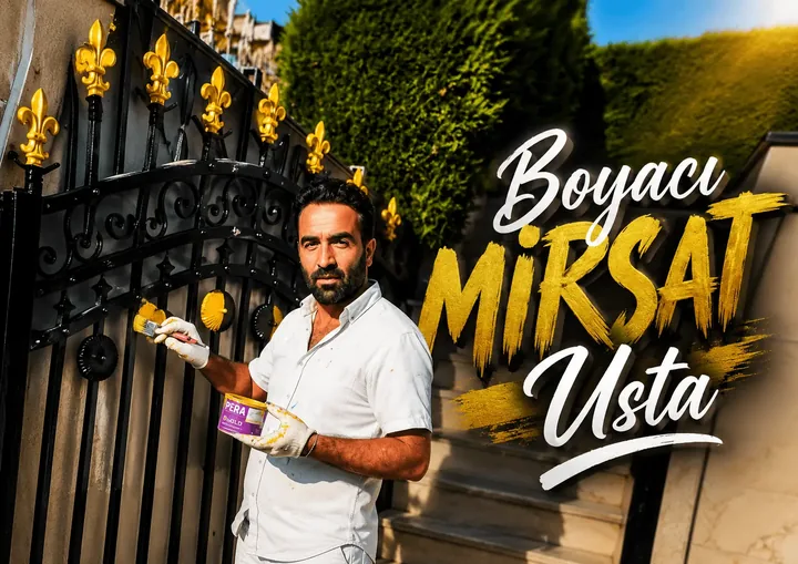 Boyacı Mirsat Usta iş başında, elinde fırça ve boya kutusuyla